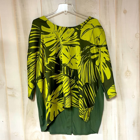 Coldwater Creek Green Leaf Pattern Hi Low Button Back Tunic Top Sz 1X (18)